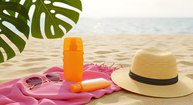 A beach scene featuring orange sunscreen bottles, a straw hat, and sunglasses on a pink towel. The background shows a serene ocean and sandy beach, creating a relaxing summer vibe.