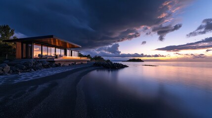 Striking coastal home with stunning ocean views at sunset location