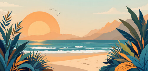 Abstract minimalist style warm Color combination summer theme background with plants and leaf, illustrated vector style, sunrises, beach view, 