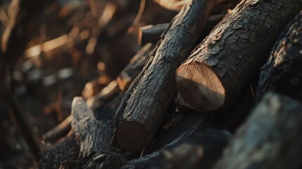 Fototapeta premium Pile of Logs Ready for Winter Firewood Season in Soft Evening Light