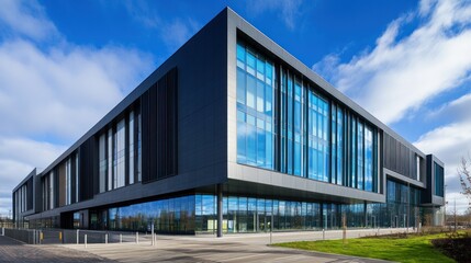 Modern corporate architecture gleaming glass facade under blue sky