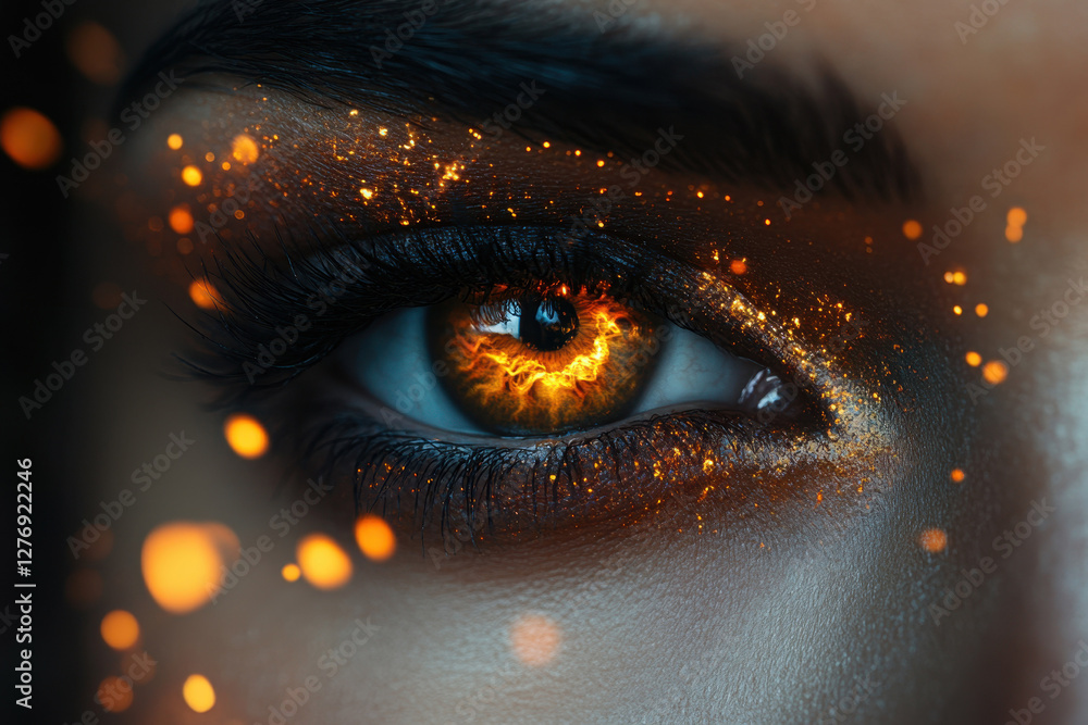 Poster intricate detail of a mesmerizing eye with fiery orange hues and sparkling light effects captured in