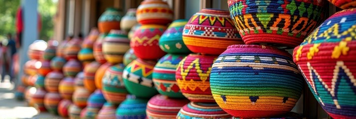 Colorful handcrafted baskets with intricate patterns on display