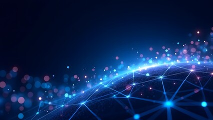 Fototapeta premium Abstract technology background with network of connected lines and blue glowing nodes, copy space