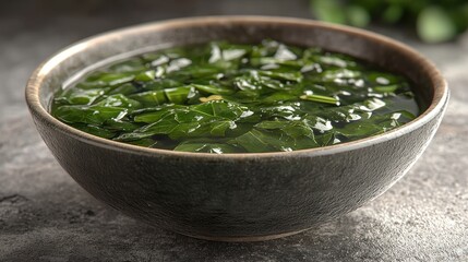 Fresh green tea leaves in ceramic bowl on stone surface