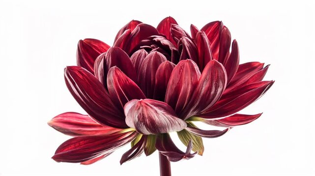 Dark red dahlia gradually unfurling delicate petals, revealing intricate layers against pristine white background during natural growth and blossoming process