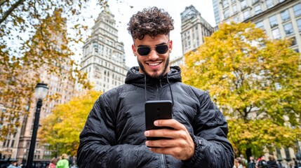 Fototapeta premium Man enjoying a sunny autumn day while checking his phone in a vibrant city park surrounded by colorful trees