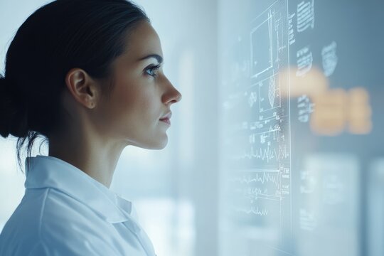 A female doctor reviews medical data projected on a transparent screen, analyzing patient information and vital signs.