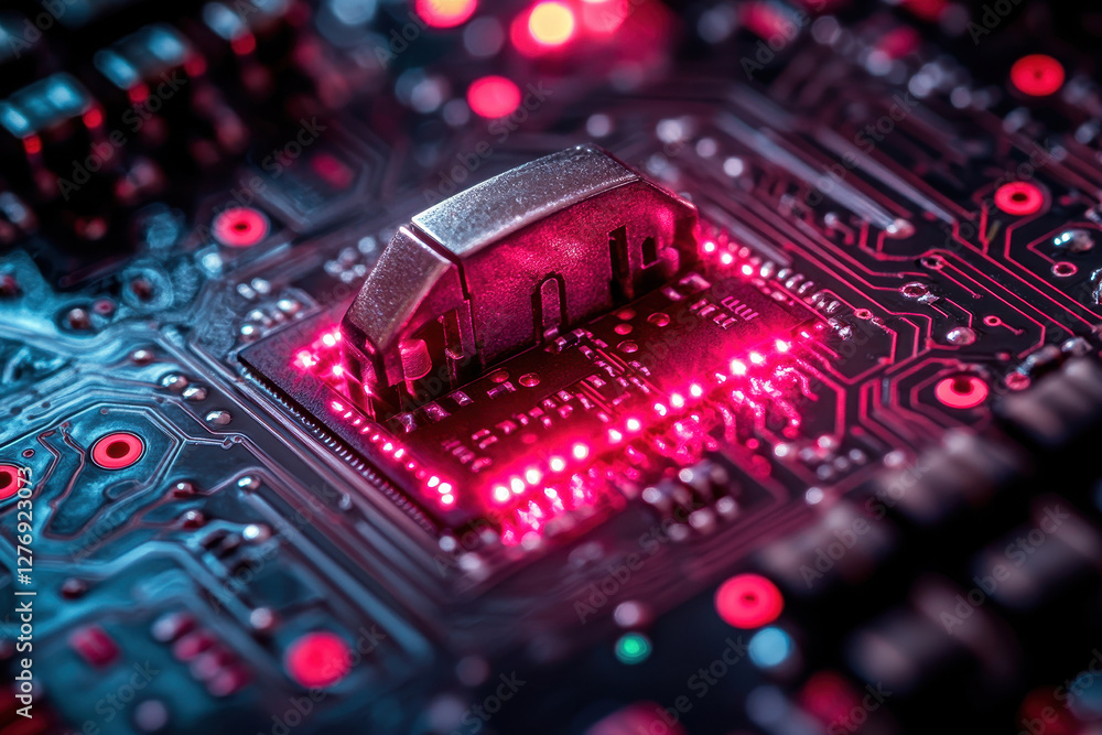 Poster close-up captures intricate details of a computer circuit board illuminated by red lights showcasing