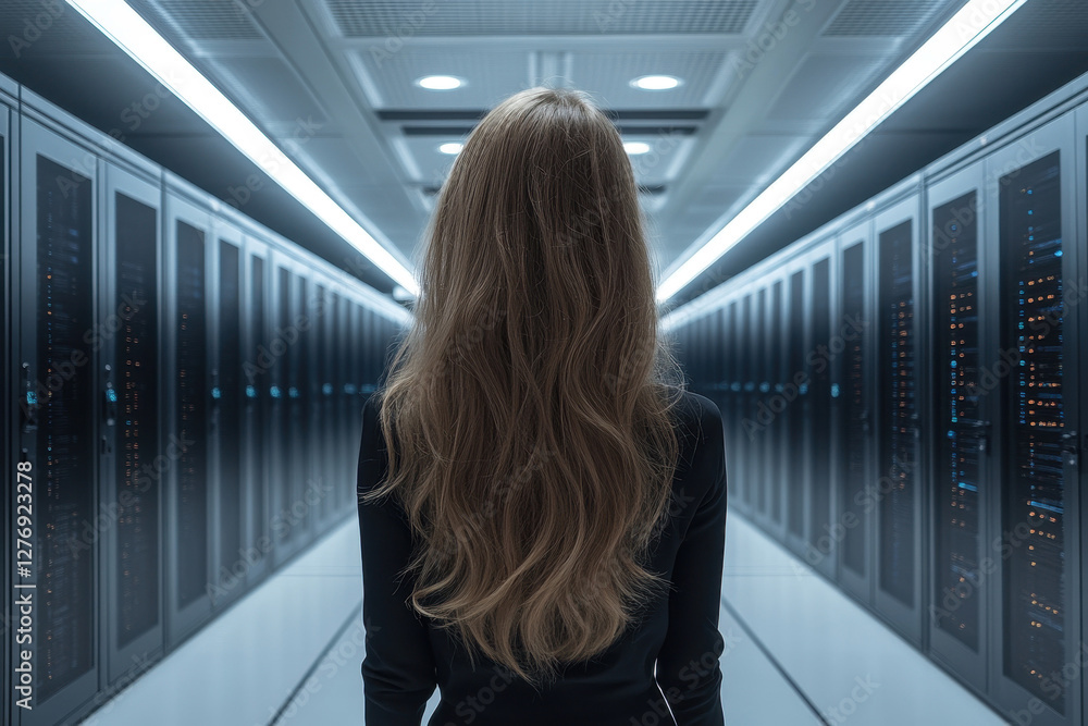 Poster technician examining server room infrastructure in modern data center during evening hours