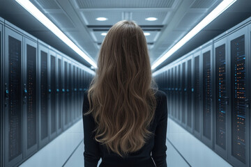 Technician examining server room infrastructure in modern data center during evening hours
