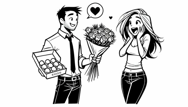Unusual Romantic Gift: Flowers and Eggs - Black and White Illustration