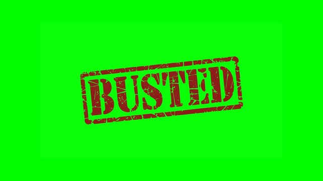 Animated "BUSTED" rubber stamp seal with bold red text, featuring a zoom and hit effect on a green screen background for crime, caught, exposed