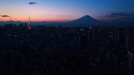 Fototapeta premium Tokyo Cityscape at Twilight with Mount Fuji and Tower View