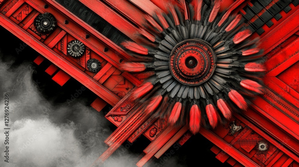 Poster intricate design of a vibrant red and black abstract artwork with detailed patterns and textures