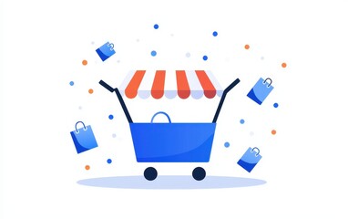 Colorful shopping cart displaying red and blue aesthetics, capturing the essence of retail and trade