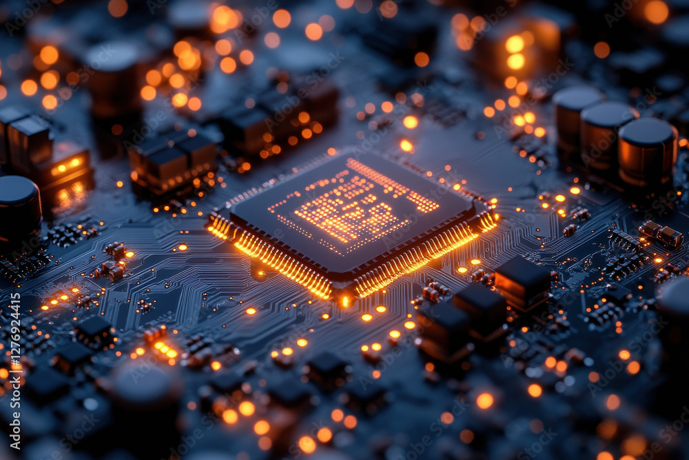 Poster detailed macro view of a glowing computer chip on a circuit board illuminated by orange lights at ni