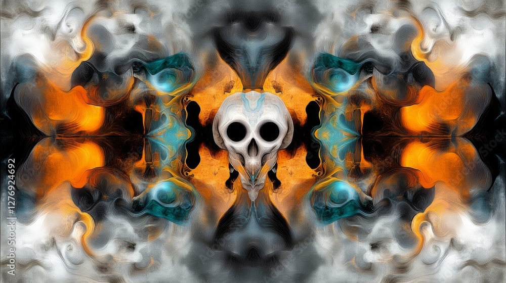 Poster abstract artwork with skull design surrounded by fluid patterns and vibrant colors in an artistic re