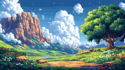 An Enchanting Retro Video Game Landscape Filled with 8-Bit Characters and a Colorful Pixelated World of Imagination