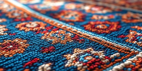 Detailed macro shot of an oriental rug, rich and warm Persian textile with visible fabric weave