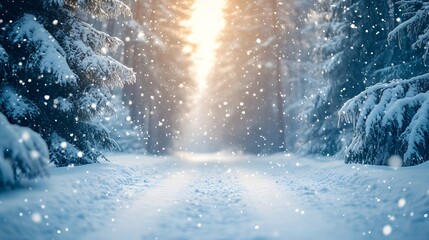 Peaceful Snowy Forest with Gentle Snowflakes Creating a Pristine Winter Scene