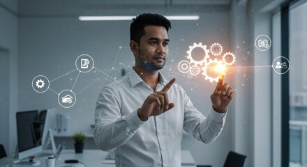 A young business professional engaging with augmented reality gears and digital connectivity in a modern office, representing innovation, technology solutions, and futuristic business concepts.

