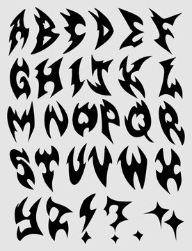 Abstract hardcore punk and Y2k fonts style element set , tribal tattoo font element set,
