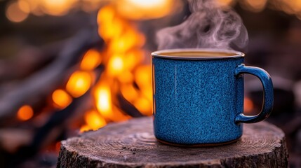 Warm coffee by campfire at sunset