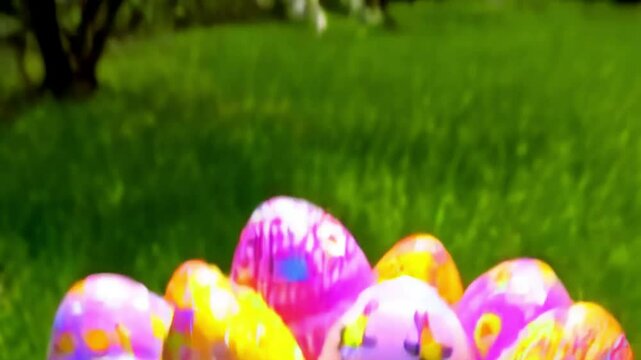 Easter eggs on grass in spring season and spring trees