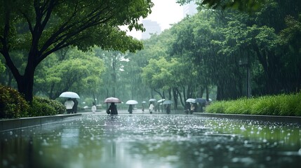 Serene City Park Scene on a Rainy Day with Contrasting Lush Greenery and Gray Skies
