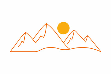 Minimalist line art depicts a mountain range with a bright orange sun in the sky.