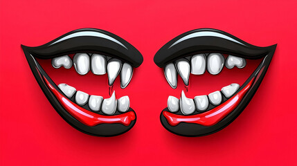 Naklejka premium Cartoon Vampire Lips with Sharp Fangs and Red Background