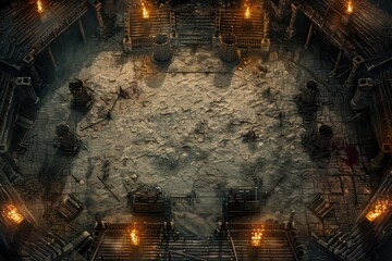 Ancient battle arena with stone steps, burning torches, and a bloodstained floor, creating a dark fantasy setting for gladiatorial combat and epic battles.