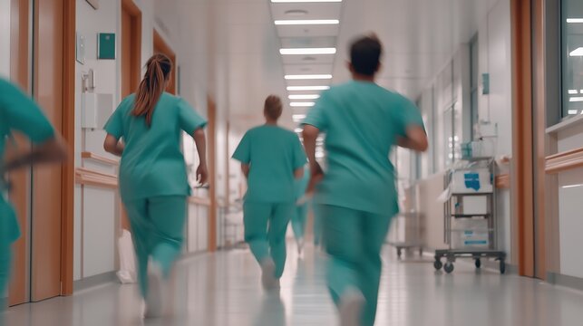 A group of nurses running down a hallway in a clinic. Blurred in motion hospital corridor with running doctors in uniform..