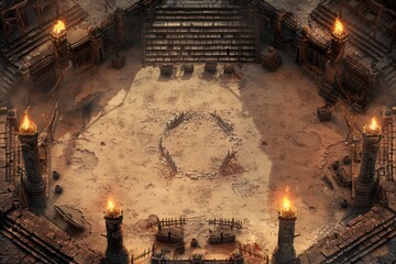 Ancient battle arena with stone steps, burning torches, and a bloodstained floor, creating a dark fantasy setting for gladiatorial combat and epic battles.
