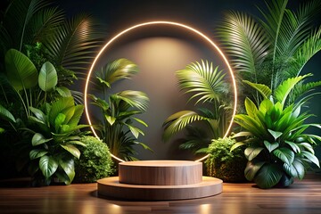 Fototapeta premium Elegant Wooden Pedestal: Glowing Halo and Tropical Greenery in a Sophisticated Display Scene