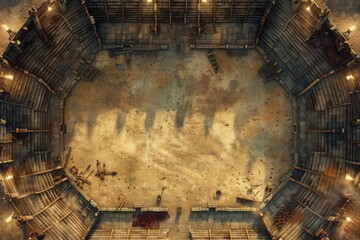 Ancient battle arena with stone steps, burning torches, and a bloodstained floor, creating a dark fantasy setting for gladiatorial combat and epic battles.