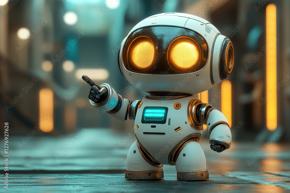 Aufkleber robot with glowing eyes points while standing in a futuristic urban setting at night