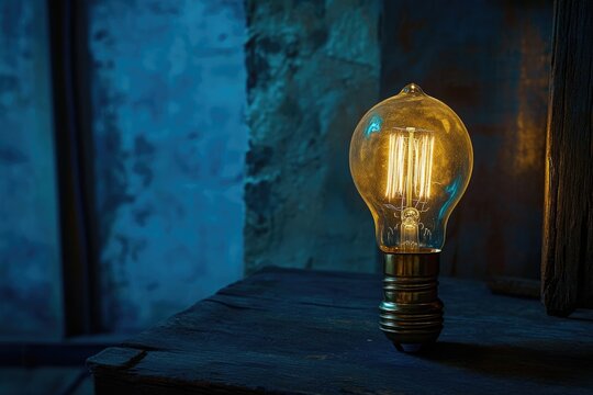 Glowing vintage Edison light bulb on rustic wooden surface, creating a warm and nostalgic ambiance.