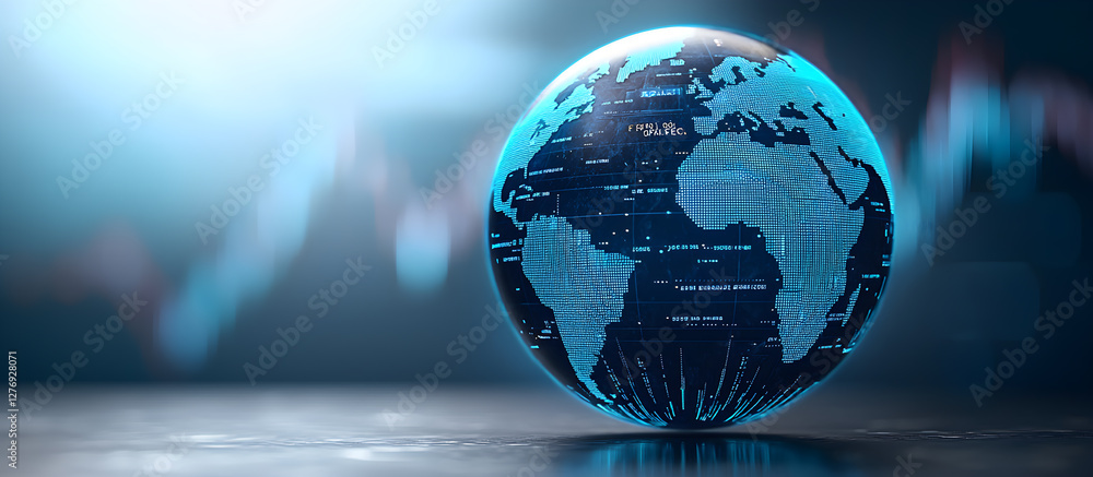 Poster a globe with a blue and white design is displayed on a table