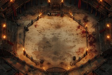 Ancient battle arena with stone steps, burning torches, and a bloodstained floor, creating a dark fantasy setting for gladiatorial combat and epic battles.