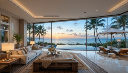 Obraz premium An ultra-luxurious coastal retreat with an expansive glass wall revealing a panoramic view of the ocean