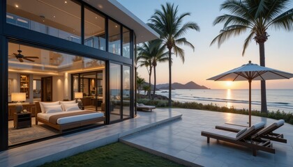 Fototapeta premium An ultra-luxurious coastal retreat with an expansive glass wall revealing a panoramic view of the ocean