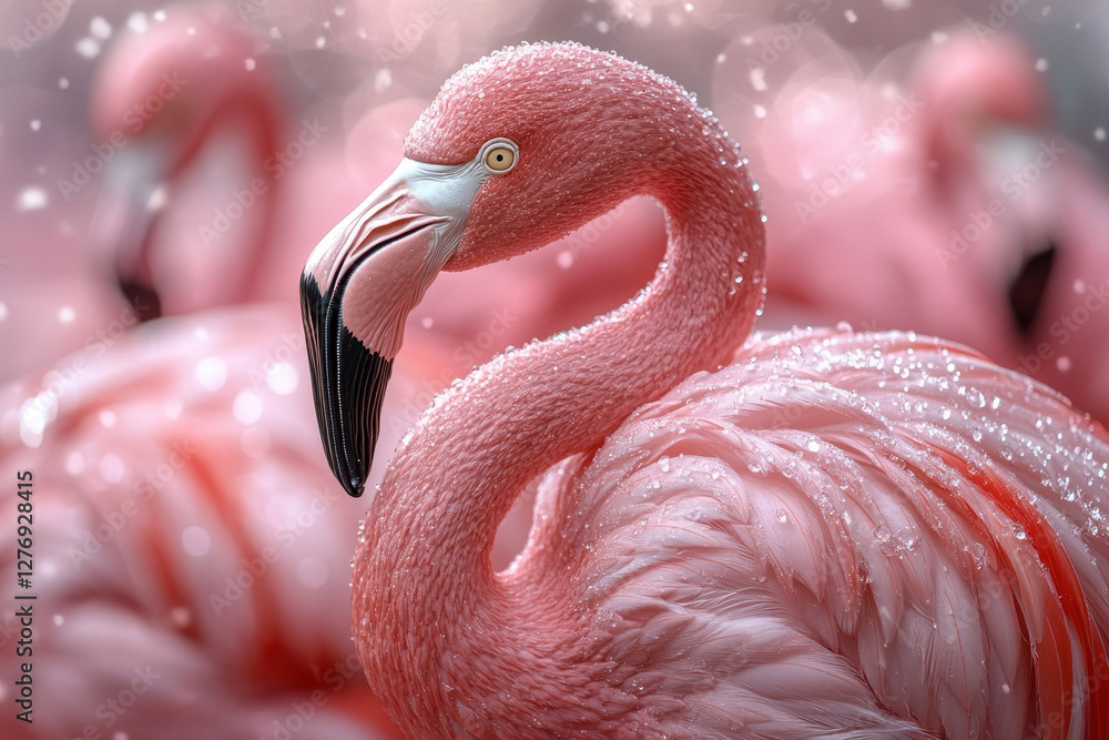 Poster flamingo with intricate feather patterns in a vibrant pink setting during a serene moment of nature