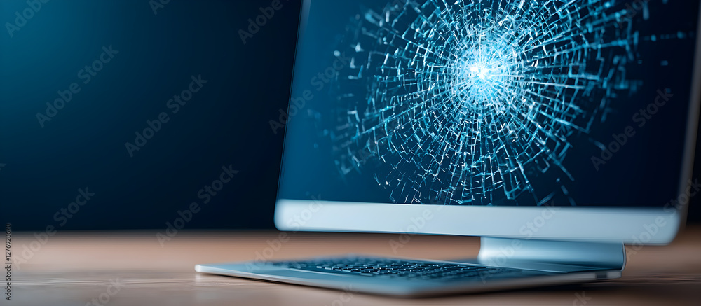 Poster a computer monitor with a shattered screen