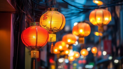 Naklejka premium During the Spring Festival, Chinese lanterns decorate the streets of Bangkok's old town. These lanterns symbolize good luck, joy, and happiness.