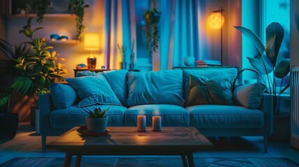 Modern home interior showcasing a blue sofa, wooden coffee table, and peaceful blue decor under soft lighting, captured with