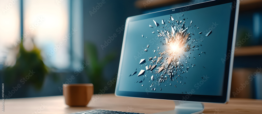 Poster a computer monitor with a shattered screen and a coffee cup on a table