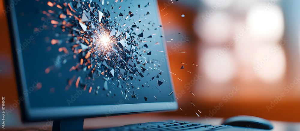 Poster a computer monitor with a shattered screen and a bright light in the middle