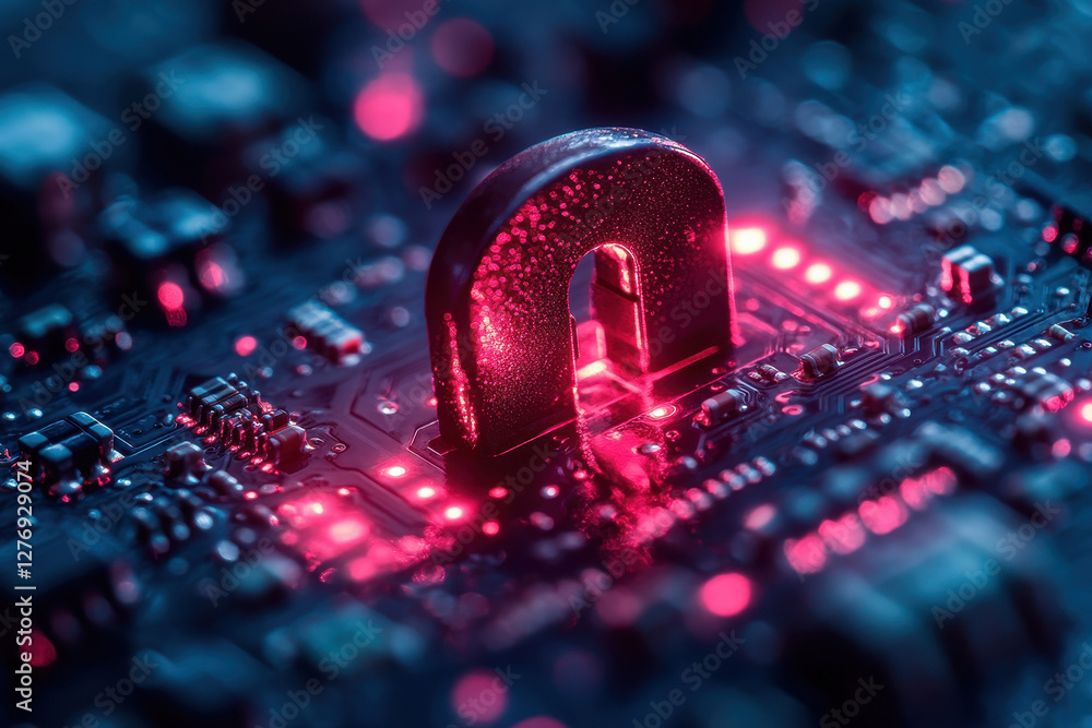 Poster magnetic element positioned on a circuit board illuminated with vibrant pink and blue lights in a hi